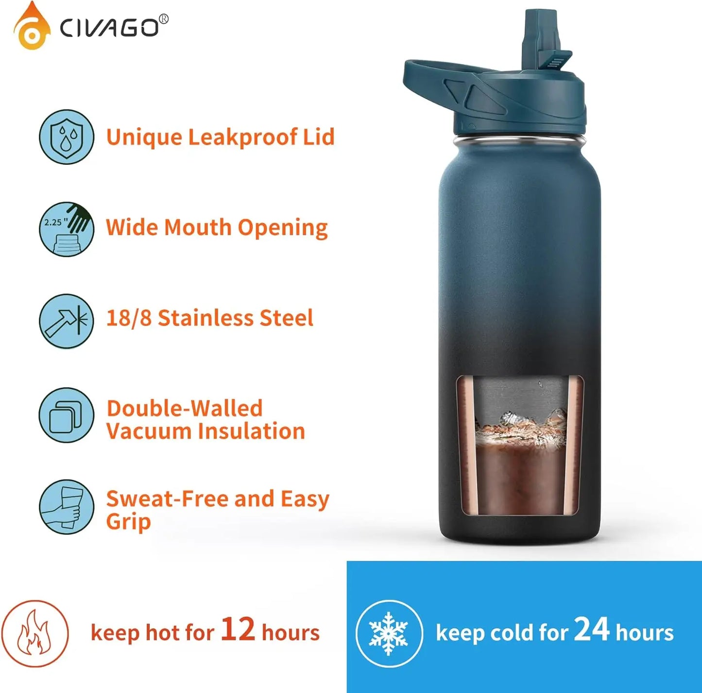 32 oz Insulated Water Bottle with Straw, Stainless Steel Sports Cup with 3 Lids, Wide Mouth Thermal Mug, Black