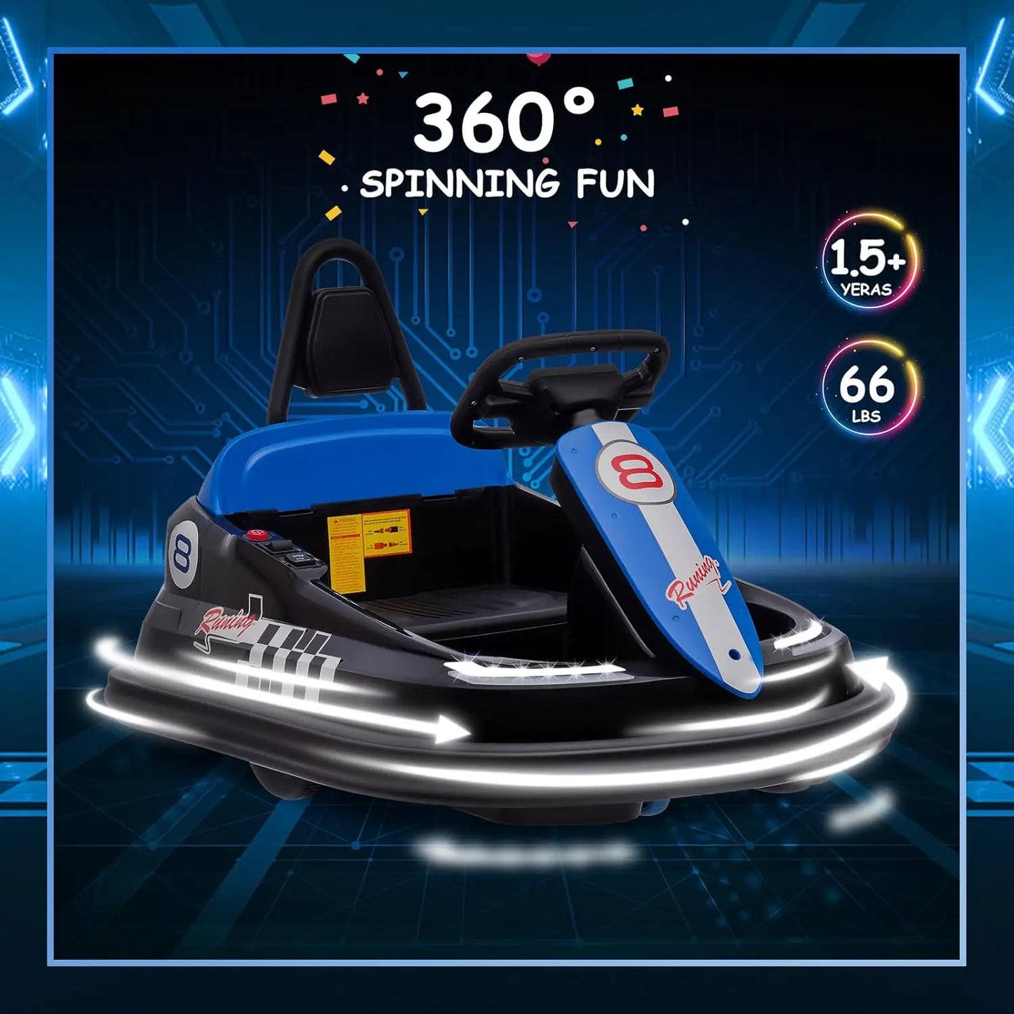 Bumper Car for Toddlers 6V Electric Ride On Toys for Kids 1.9 MPH Max Speed Steering Wheel 360 Degree Spin Lights Music & Horn