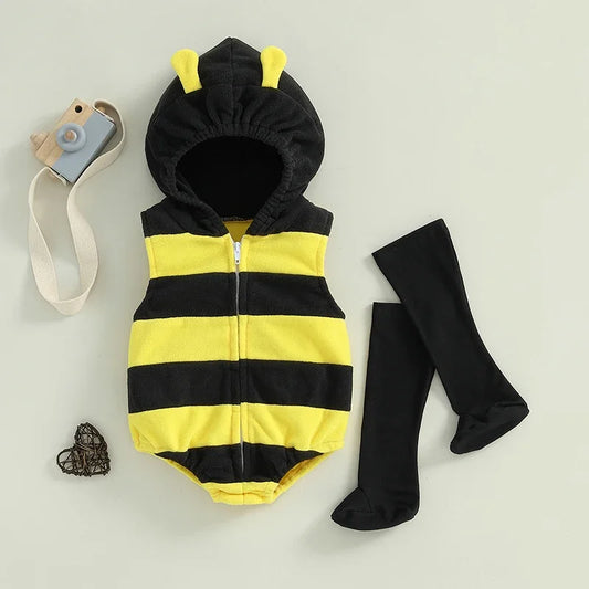 VISgogo 0-24 Months Baby Bee Costume Halloween Party Sleeveless Stripes Hooded Romper Long Socks Newborn Costume Outfit