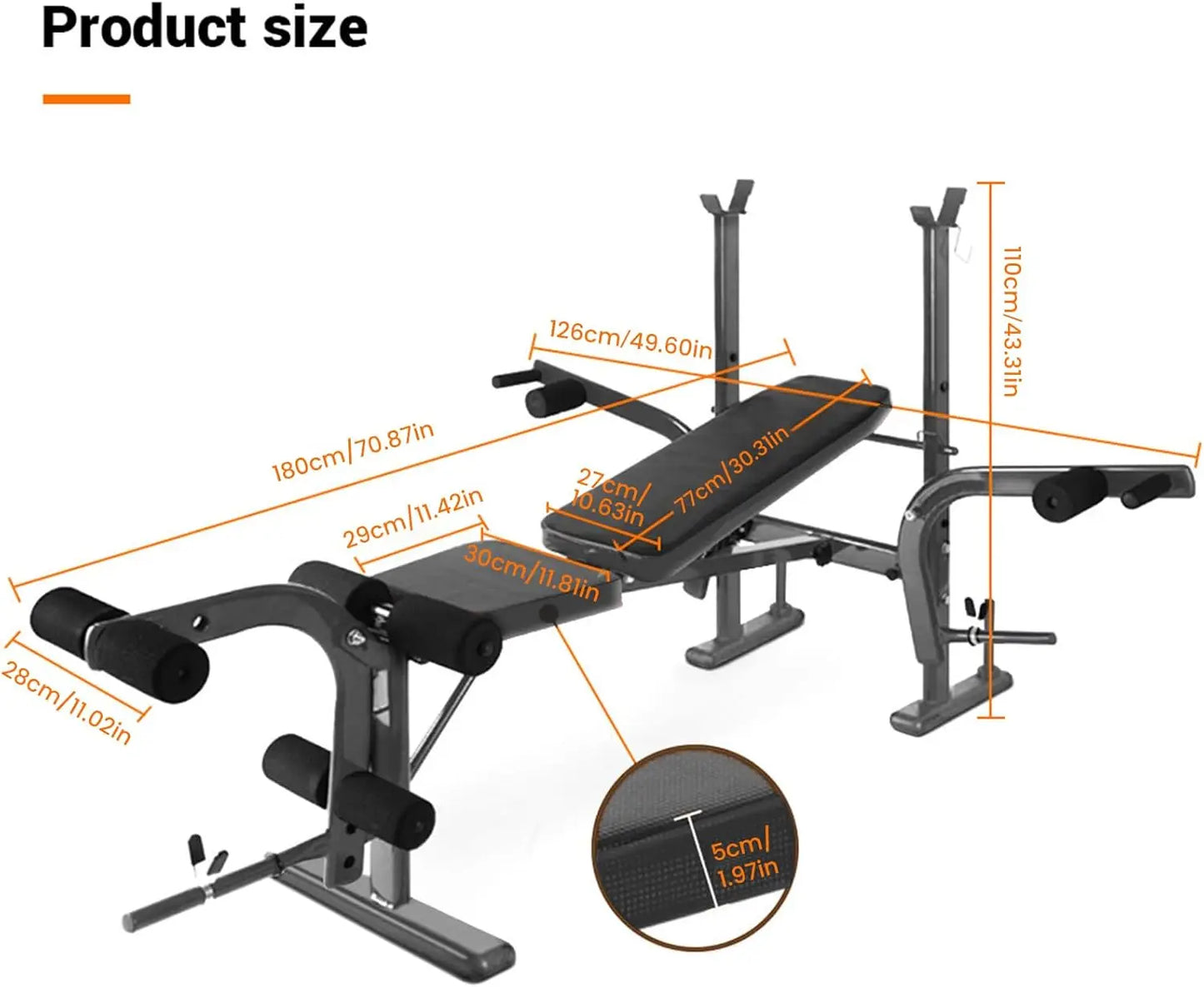 Standard Weight Bench 800LBS Capacity Home Gym Equipment with Preacher Curl Pad Leg Developer Barbell Rack Adjustable Strength T