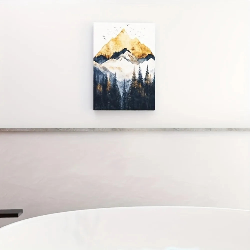 Golden mountains, snow-capped peaks, with black and grey forest trees, suitable for interior decoration