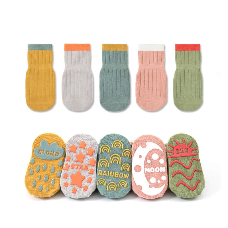 5pairs Casual Cute Knit Floor Socks, Soft Comfortable Breathable Cotton Socks for Toddler Walking Baby Boys and Girls