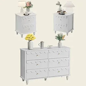 Bedroom Set 2 PCS 6 Drawer Dresser and Night Stand Sets for Bedroom, Two Drawers Nightstand & Scalloped 6 Drawer Dresser Combo