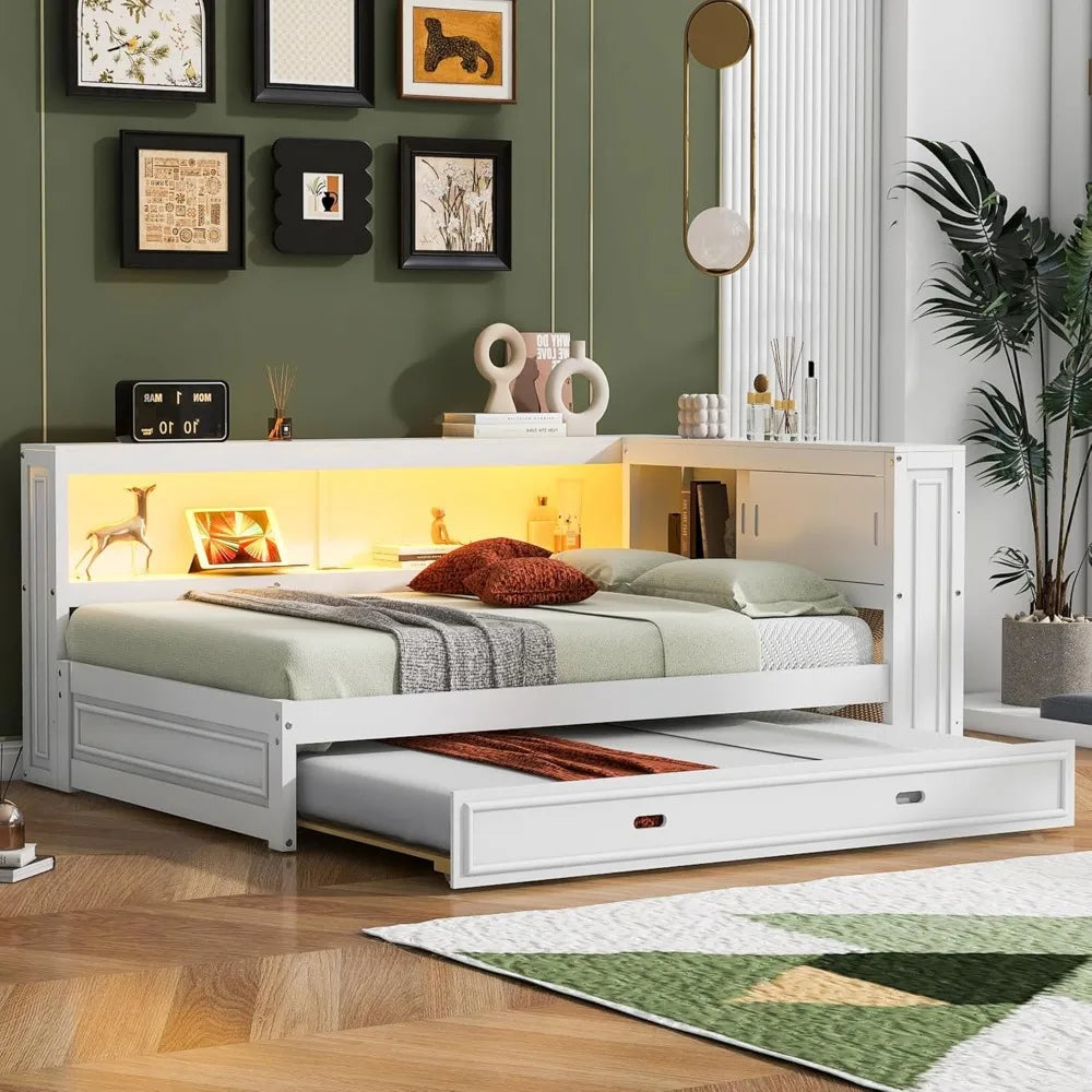 Full Size Daybed with Trundle and Storage Bookcase, L Shaped Daybed with LED Lights & USB Ports, Full Corner Bed Frame with Con