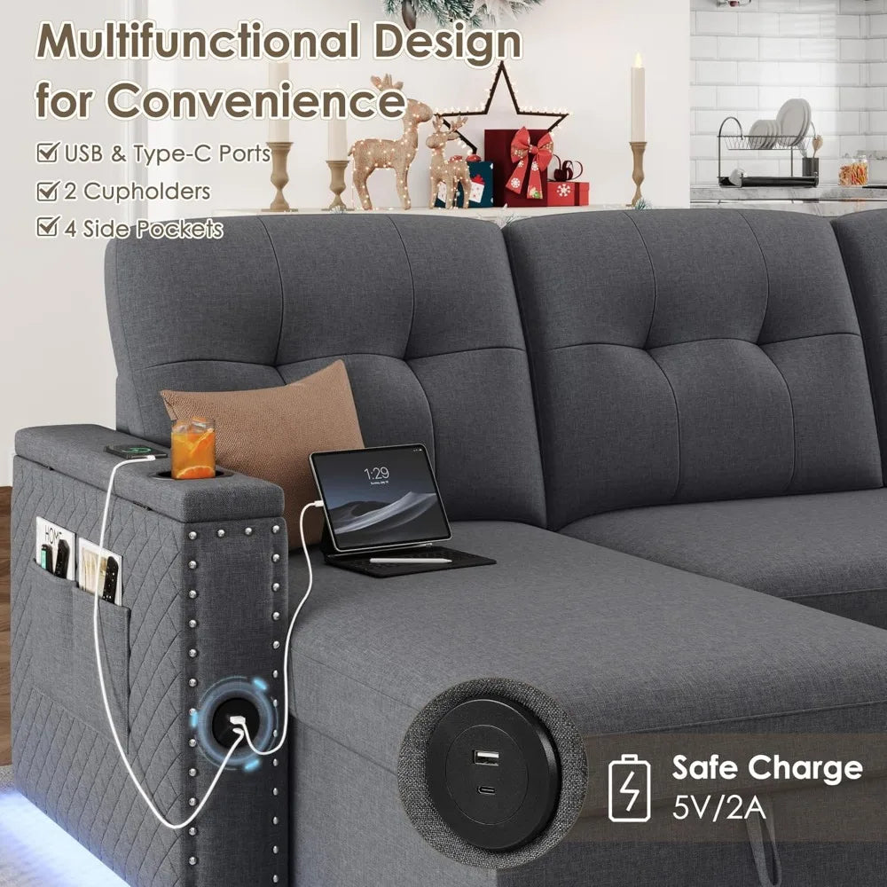 112" Sectional Pull Out Couches for Living Room with LED Lights & USB Port- Sleeper Sofa Couch w/Storage Chaise & Storage Armre