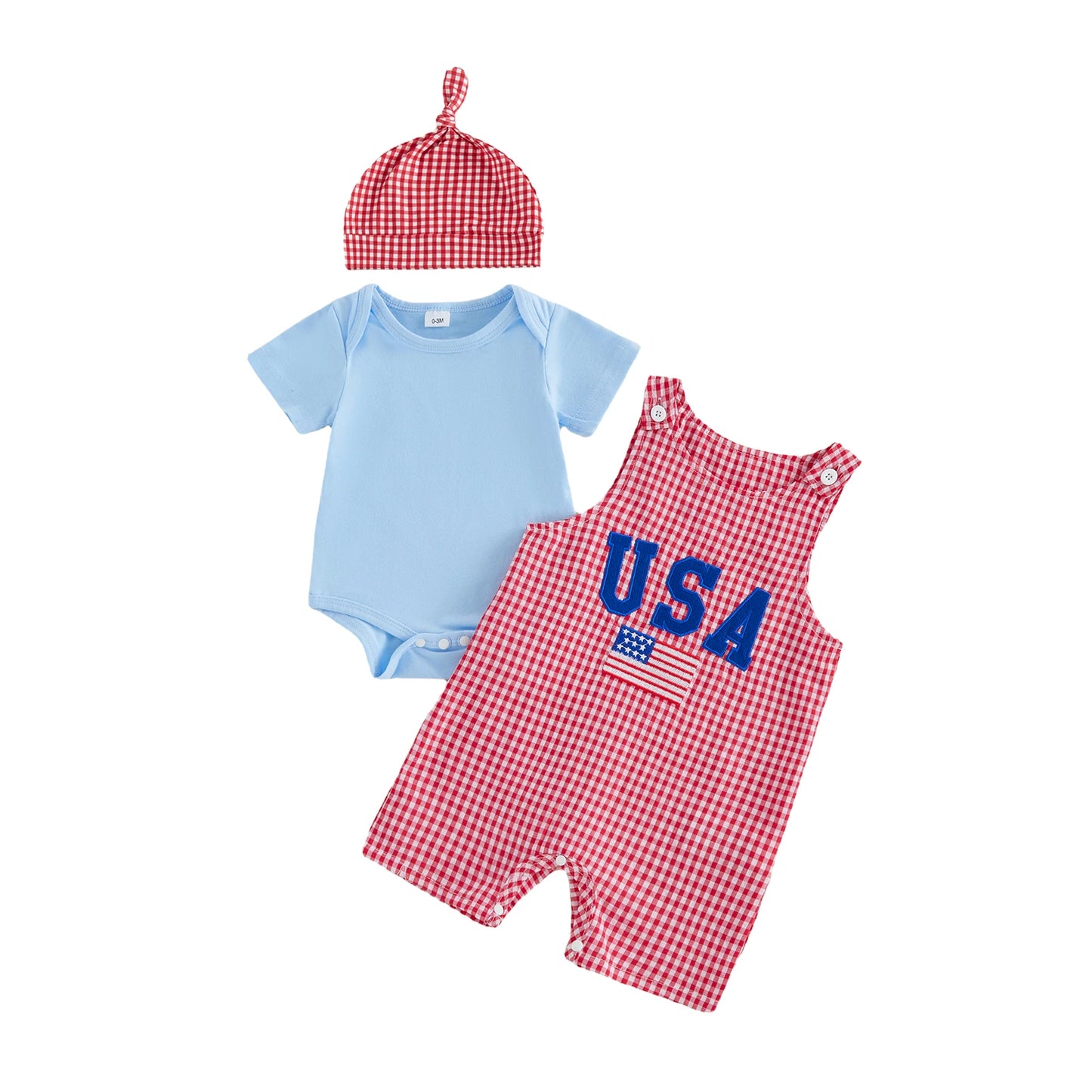 Toddler Boys 4th of July Clothing Set Short Sleeve Romper Plaid Overalls Hat Independence Day Outfit 3 Piece Suit