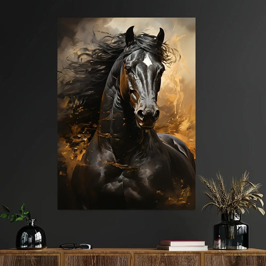 1 Black horse running canvas print, frameless mural poster, modern riding theme decoration, suitable for bedroom and living room