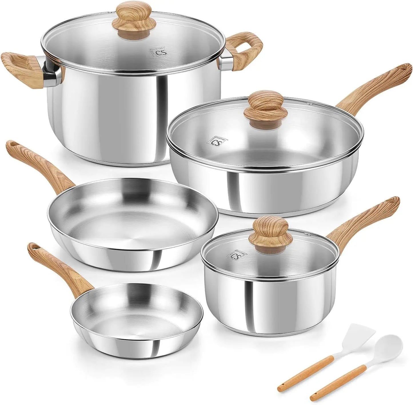 Stainless Steel Coowkare Set 10PCS, Professional 18/10 Stainless Steel Pots and Pans Set with Cool-Touch Handles