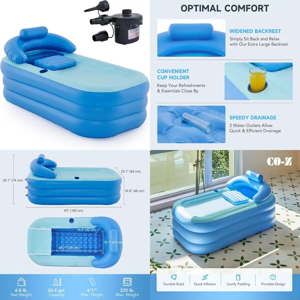 co-z inflatable adult bath tub, free-standing blow up bathtub with foldable portable feature for adult spa with electric air pum