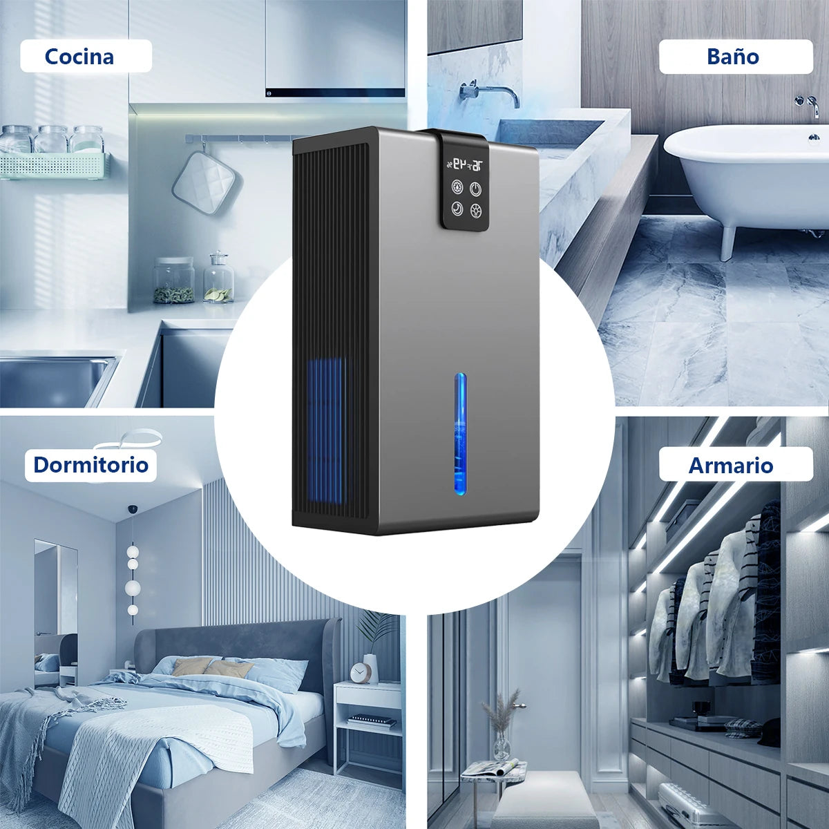 Home dehumidifier, suitable for a 950 sq ft bathroom, silent operation, humidity monitoring, automatic shut-off, and RV-specific.