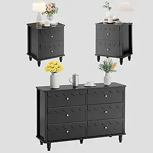 Bedroom Set 2 PCS 6 Drawer Dresser and Night Stand Sets for Bedroom, Two Drawers Nightstand & Scalloped 6 Drawer Dresser Combo