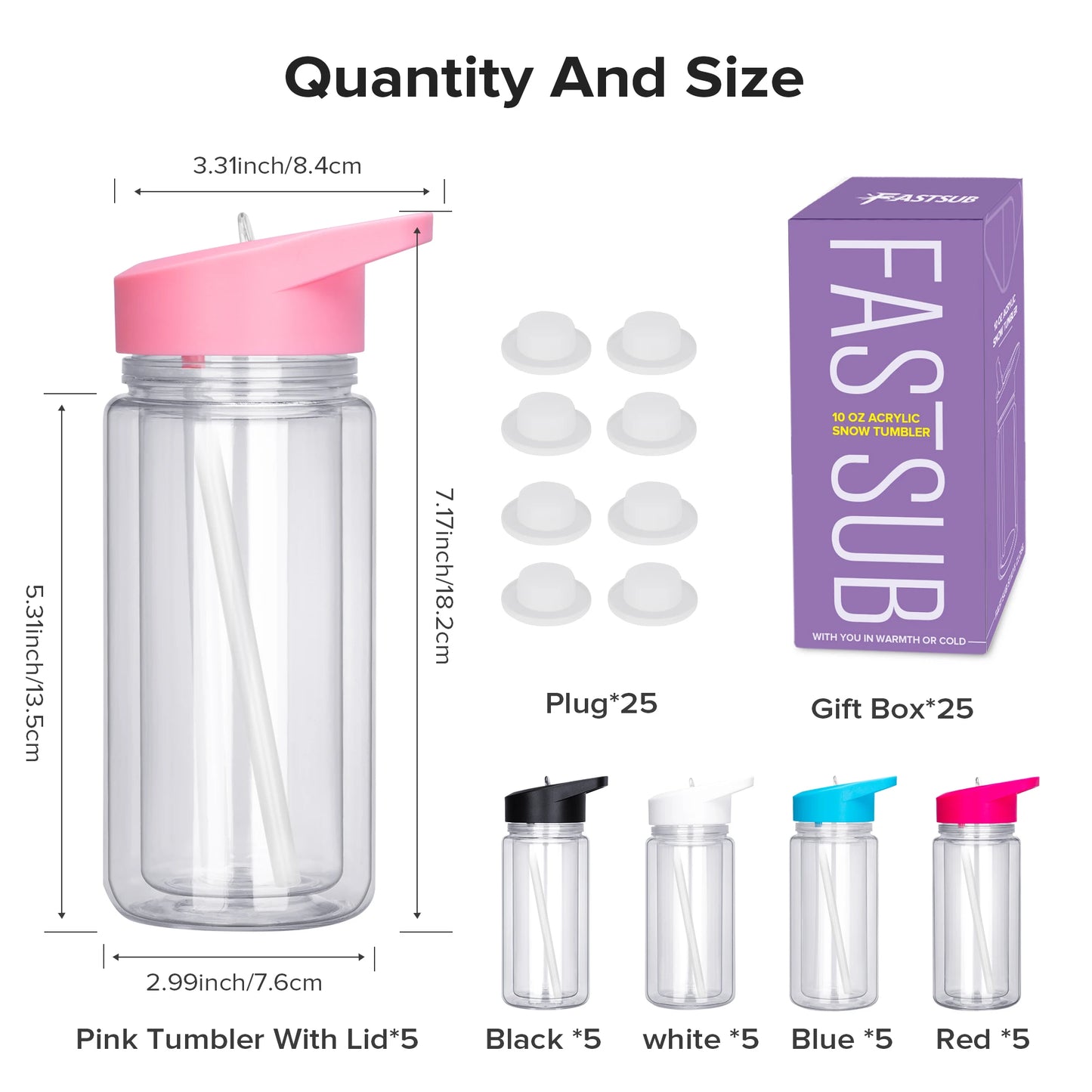 25 Pack 10 Oz Plastic Double Wall Snow Globe Tumbler,Kids with Pre-Drilled Hole and Plug Sports Water Bottle,Glitter DIY Gift