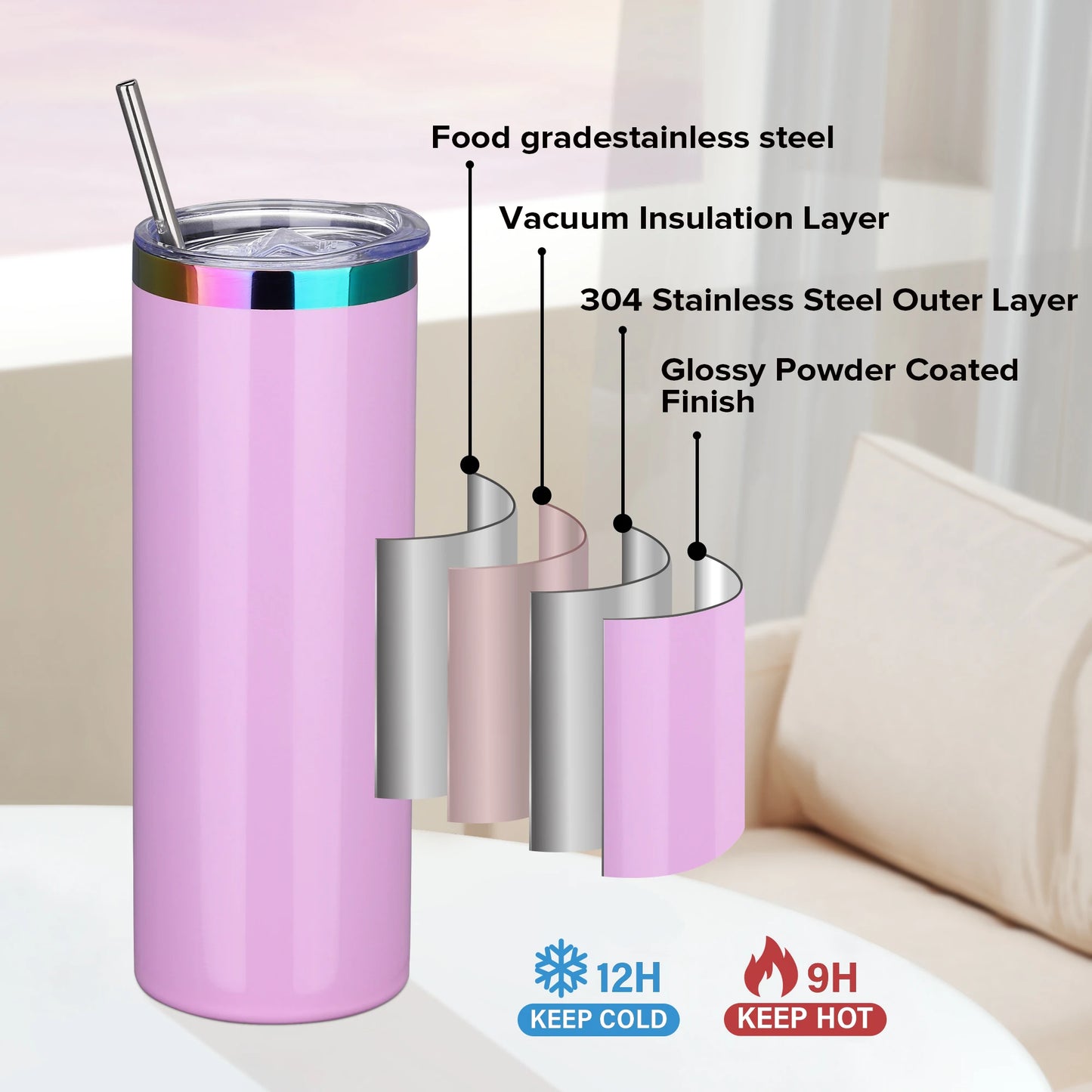 12 Pack 20oz Stainless Steel Skinny Tumblers, Gloss Powder Coated- Rainbow Color Plated Insulated Tumbler with Lid And Straw