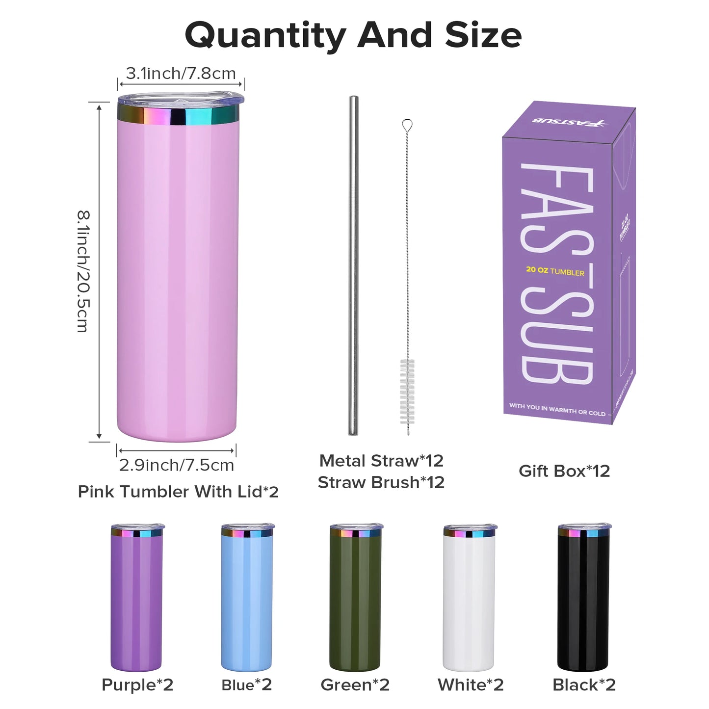 12 Pack 20oz Stainless Steel Skinny Tumblers, Gloss Powder Coated- Rainbow Color Plated Insulated Tumbler with Lid And Straw