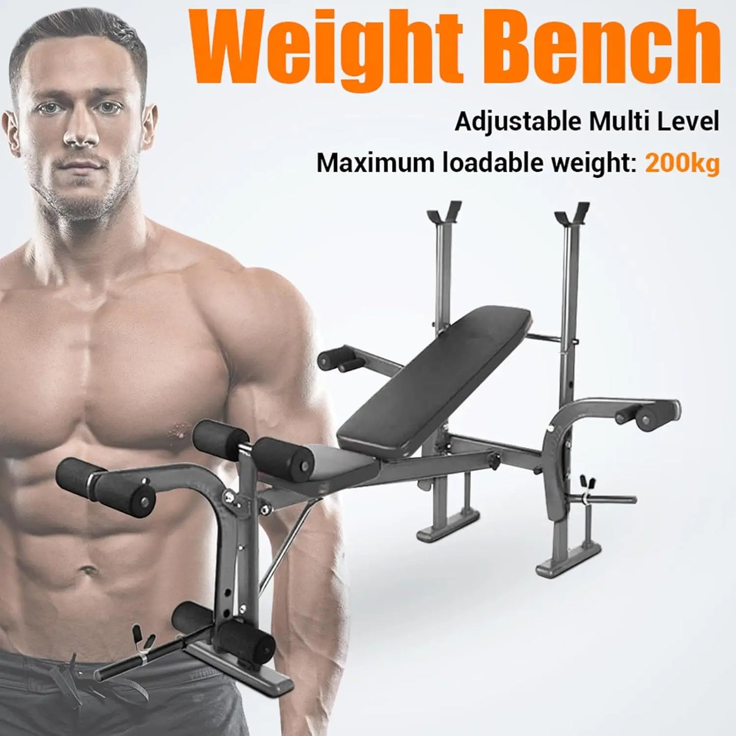 Standard Weight Bench 800LBS Capacity Home Gym Equipment with Preacher Curl Pad Leg Developer Barbell Rack Adjustable Strength T
