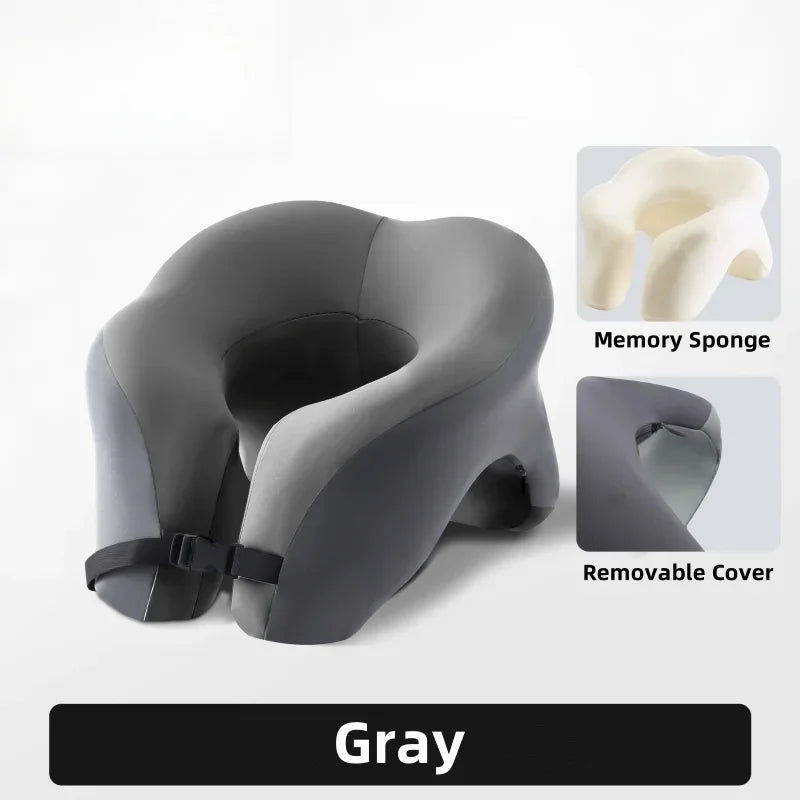 U-shaped portable travel pillow, memory foam sleep aid, used for napping in airplanes and cars, ergonomic head support pillow.