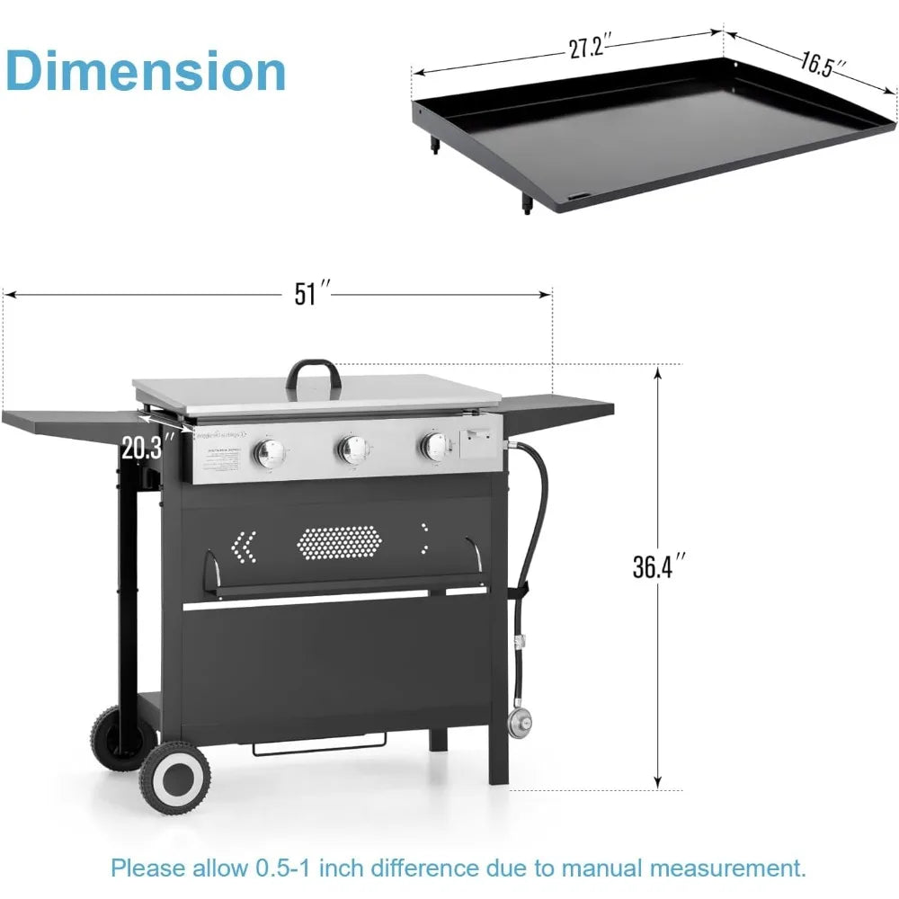 27 inch BBQ Propane Gas Griddle, Freestanding/Tabletop Flat Top Griddle w/Ceramic Coated Cast Iron Pan, 3 Burner Lift-Off Gridd