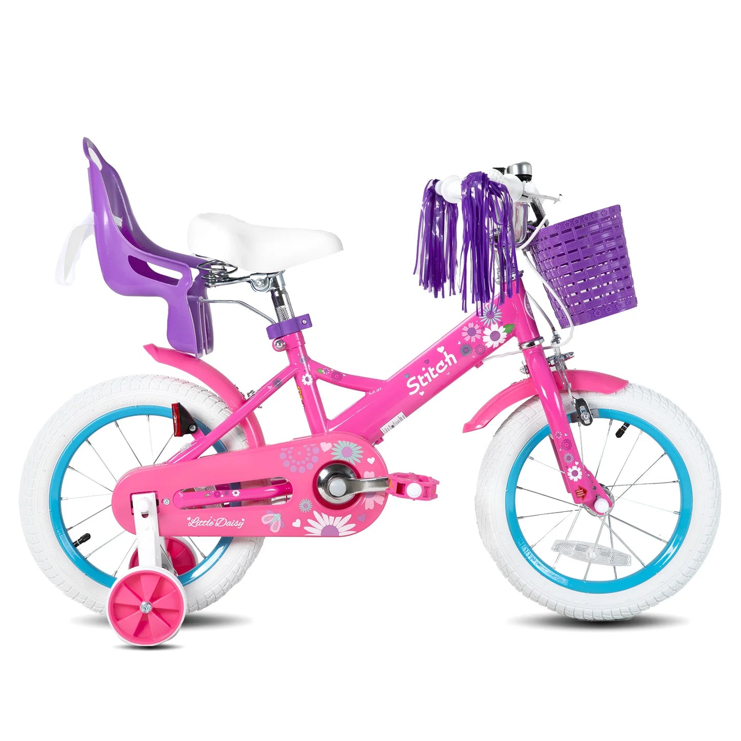 STITCH Kids Bike for Girls Boys Ages 2-7 Years, 12 14 16 Inch Girls Bikes with Doll Bike Seat & Streamers, Bicycle basket