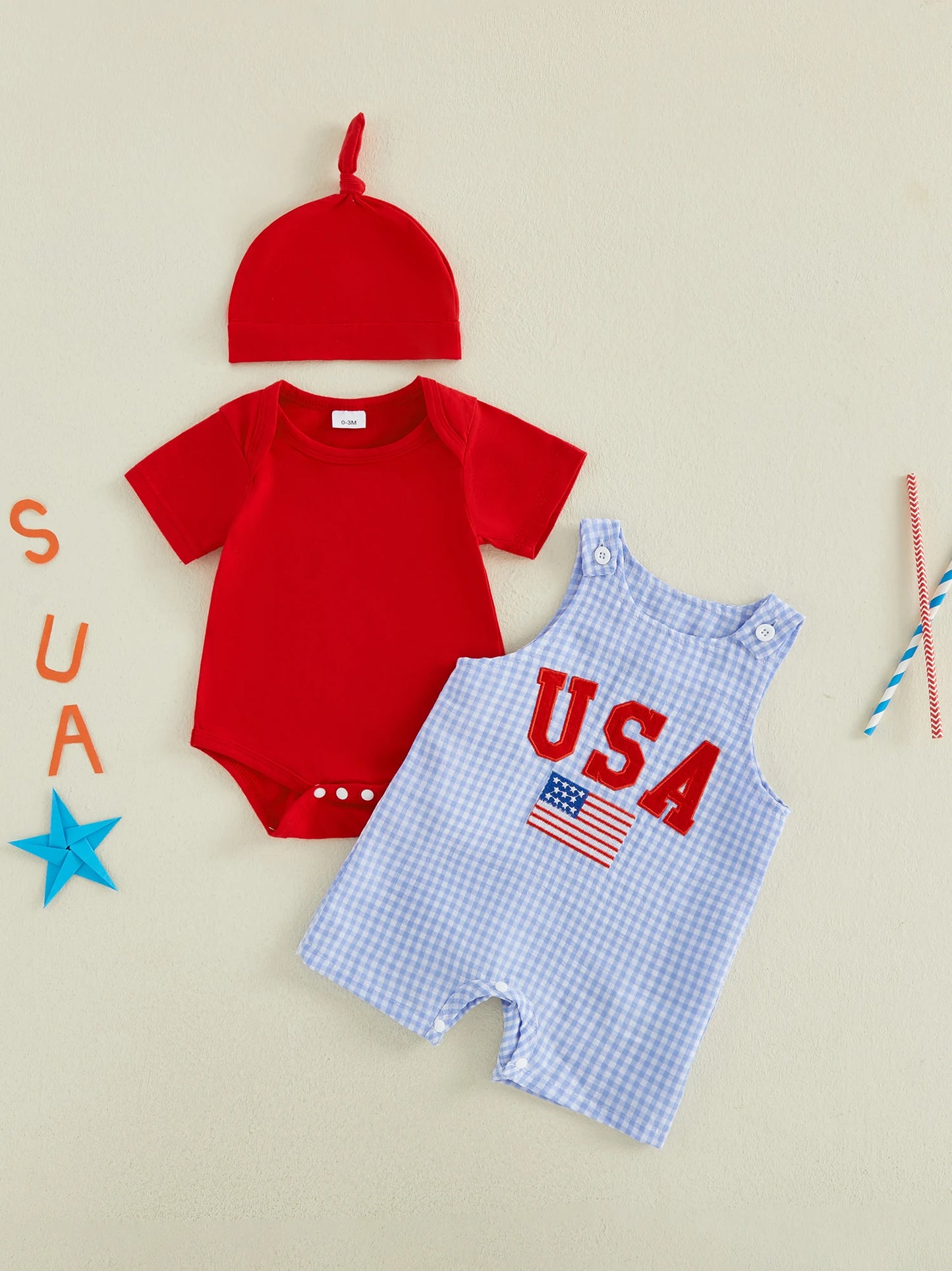 Toddler Boys 4th of July Clothing Set Short Sleeve Romper Plaid Overalls Hat Independence Day Outfit 3 Piece Suit