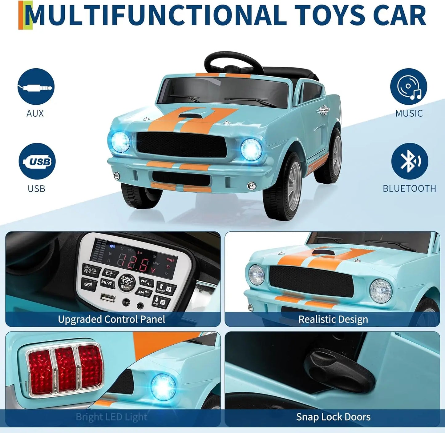 12V Electric Car for Kids Battery Powered Ride on Toy for Toddlers with Remote Control,Bluetooth,LED Lights,Music,3 Speeds