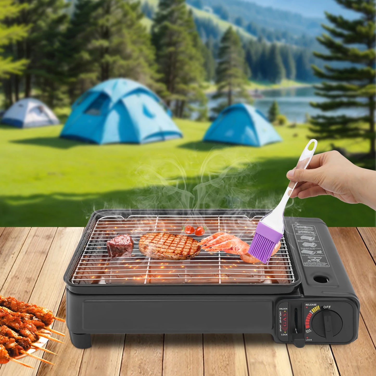 2.2KW Portable LPG/Butane Gas Grill Stove Outdoor Camping Stove Cooking BBQ Cooker Kit w/Carrying Case for Traveling Trekking RV
