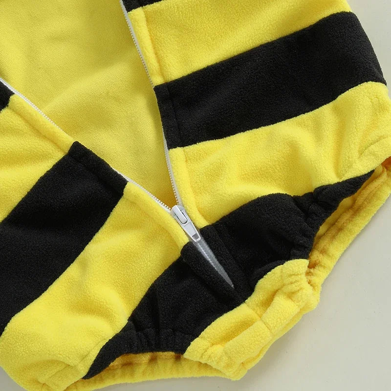 VISgogo 0-24 Months Baby Bee Costume Halloween Party Sleeveless Stripes Hooded Romper Long Socks Newborn Costume Outfit