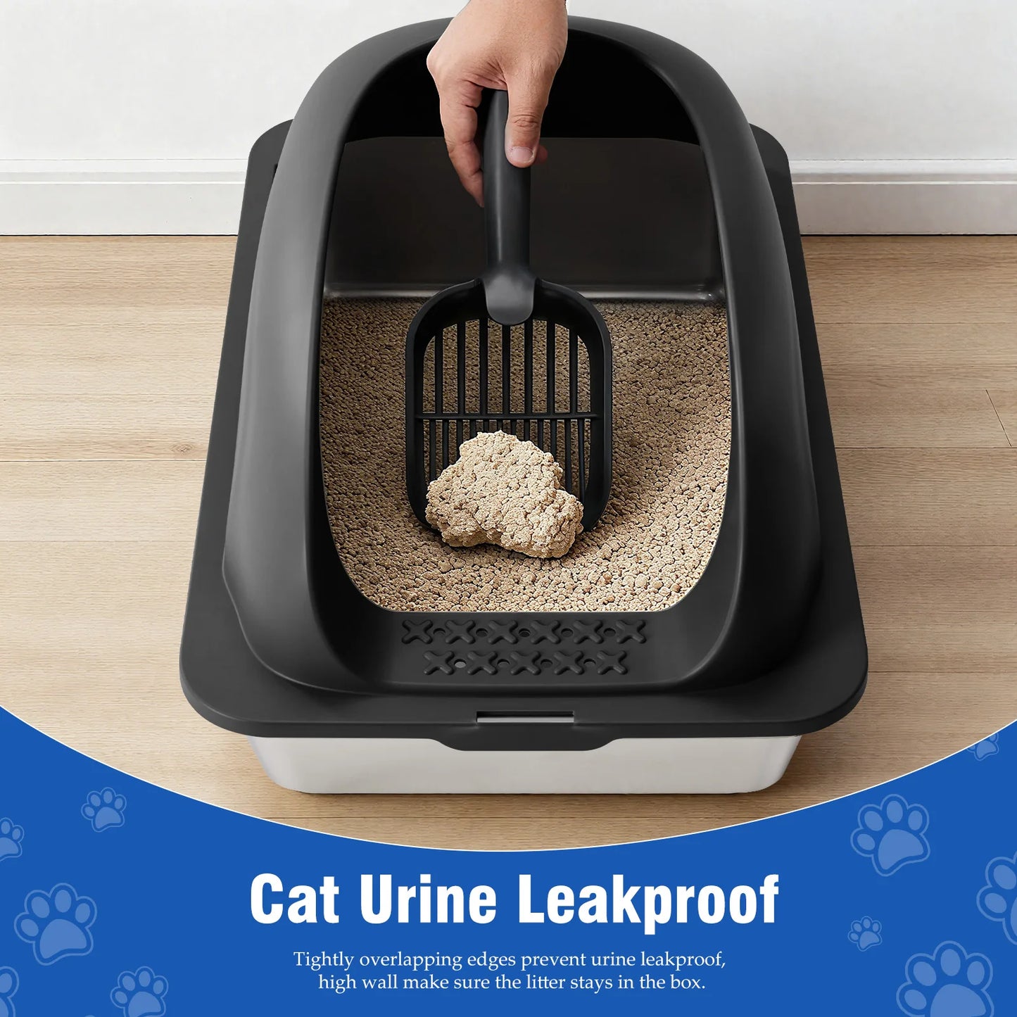 JHK Stainless 24IN Steel Cat Litter Box with Lid Large Cat Litter Box for Big Cats Anti-Urine Leakage Scoop and Mat Included