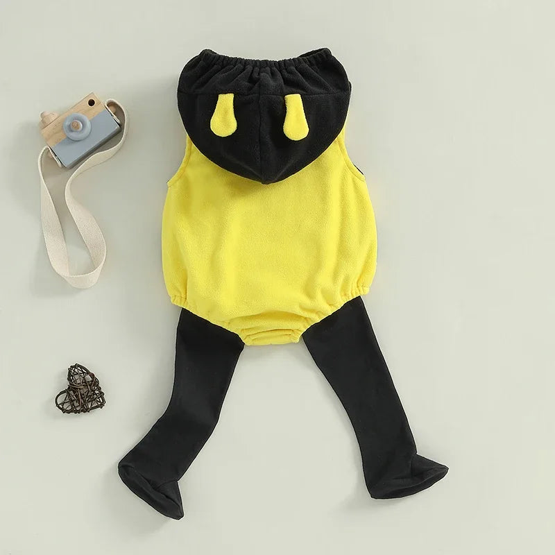VISgogo 0-24 Months Baby Bee Costume Halloween Party Sleeveless Stripes Hooded Romper Long Socks Newborn Costume Outfit