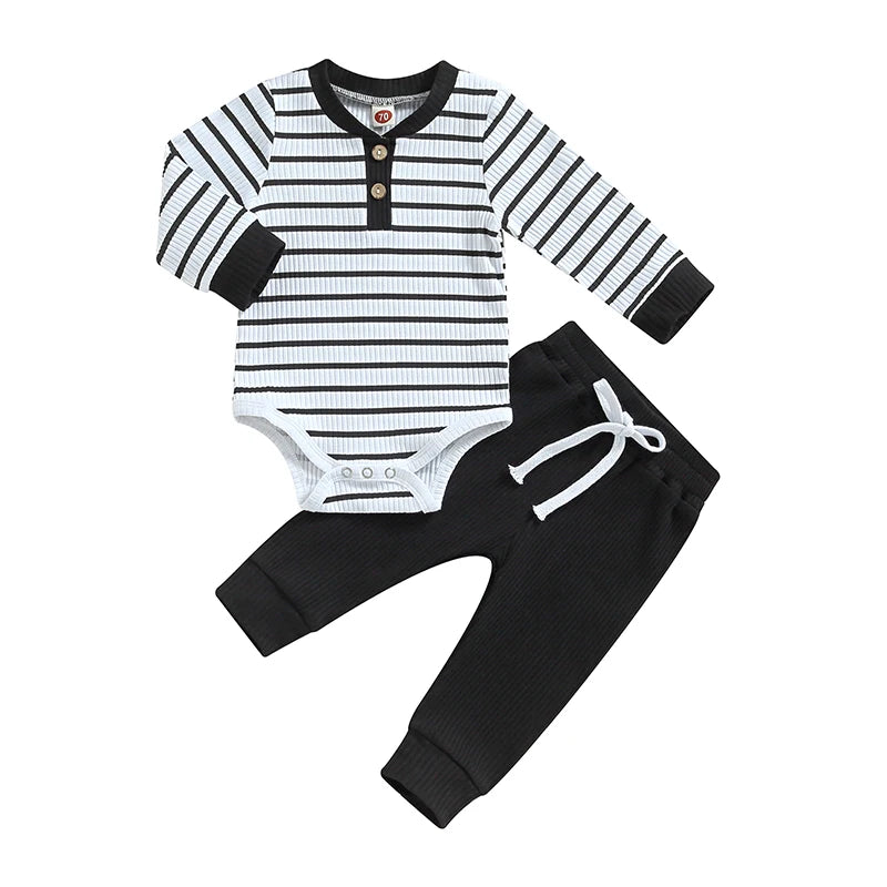 2023-06-29 Lioraitiin 0-24M Infant Baby Boy 2Pcs Fall Outfits Long Sleeve Striped Print Romper Pants Set Infant Warm Clothes