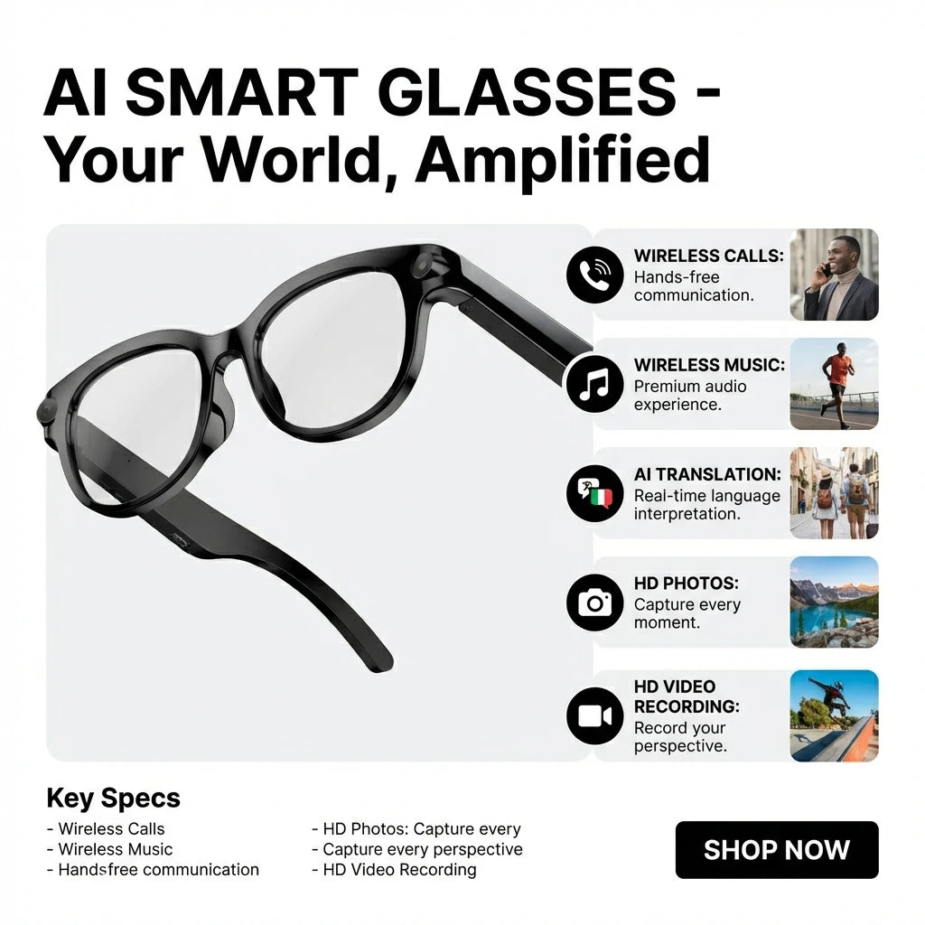 SENBONO 2026 New Smart Glasses 200W Pixels Camera Portable Charger 100+language Translation Bluetooth Call Music Player Glasses