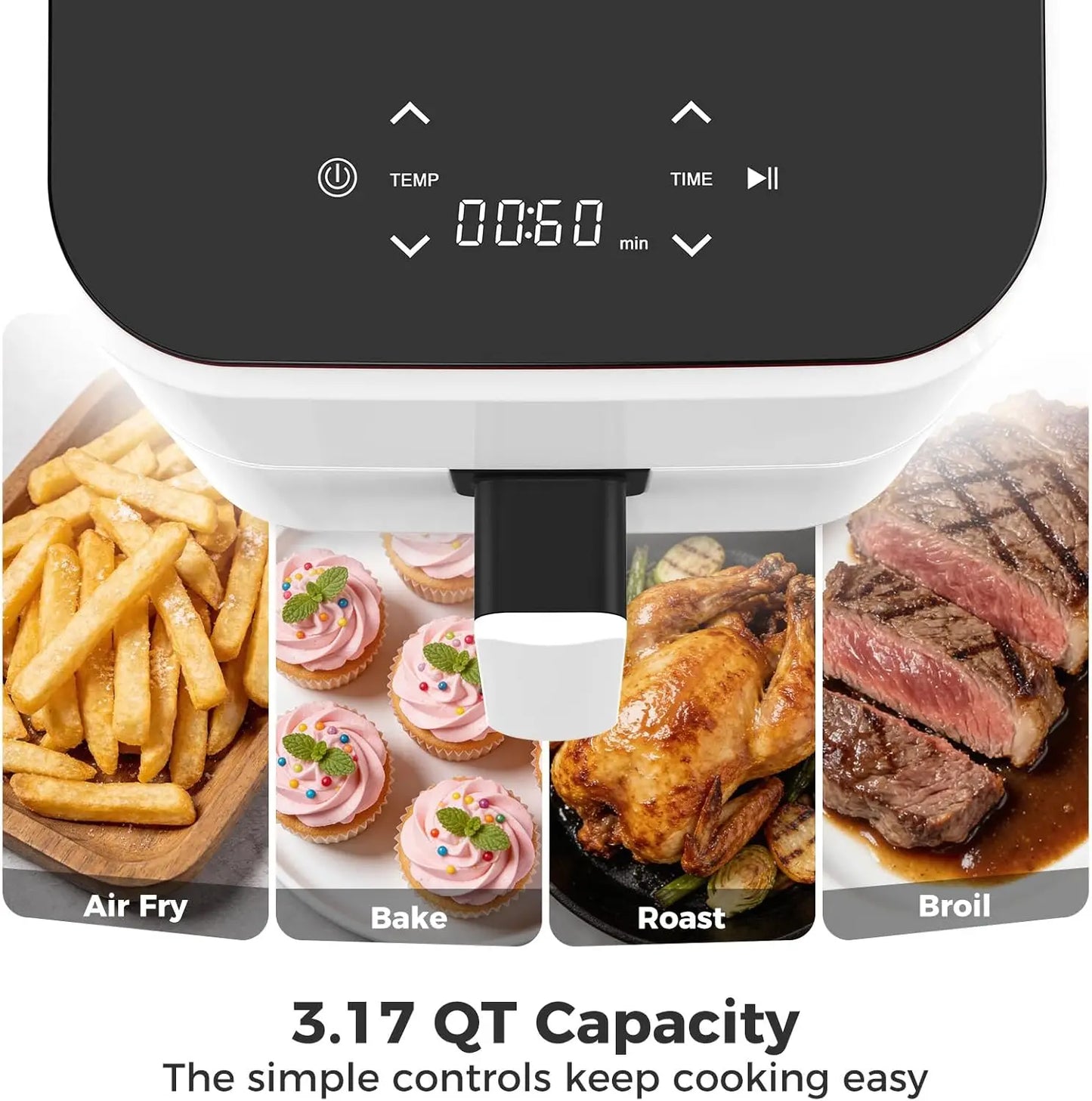 3QT Air Fryer, Small Air Fryer with Digital PP Touch Panel, White