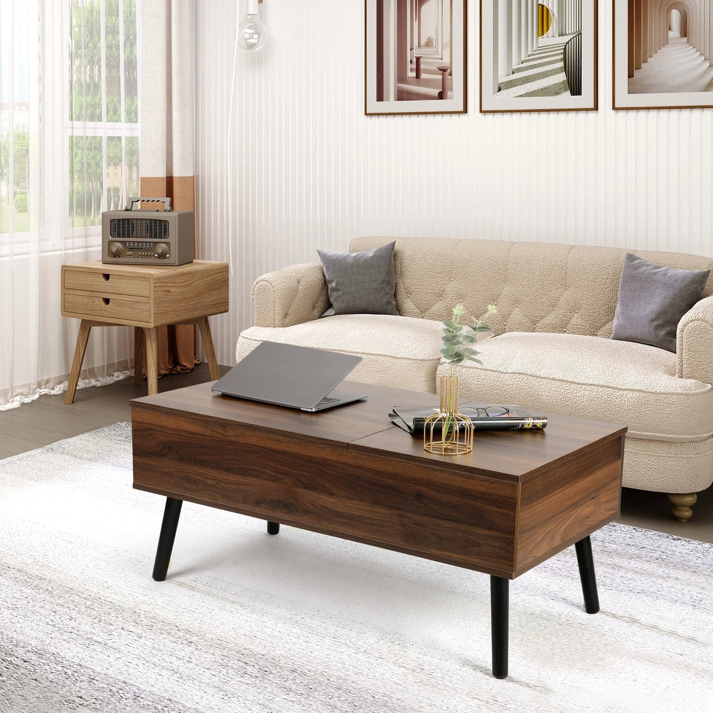 VOWNER Lift Top Coffee Table with Separate and Hidden Storage Compartment, Double Lift Table Top for Home Living Room