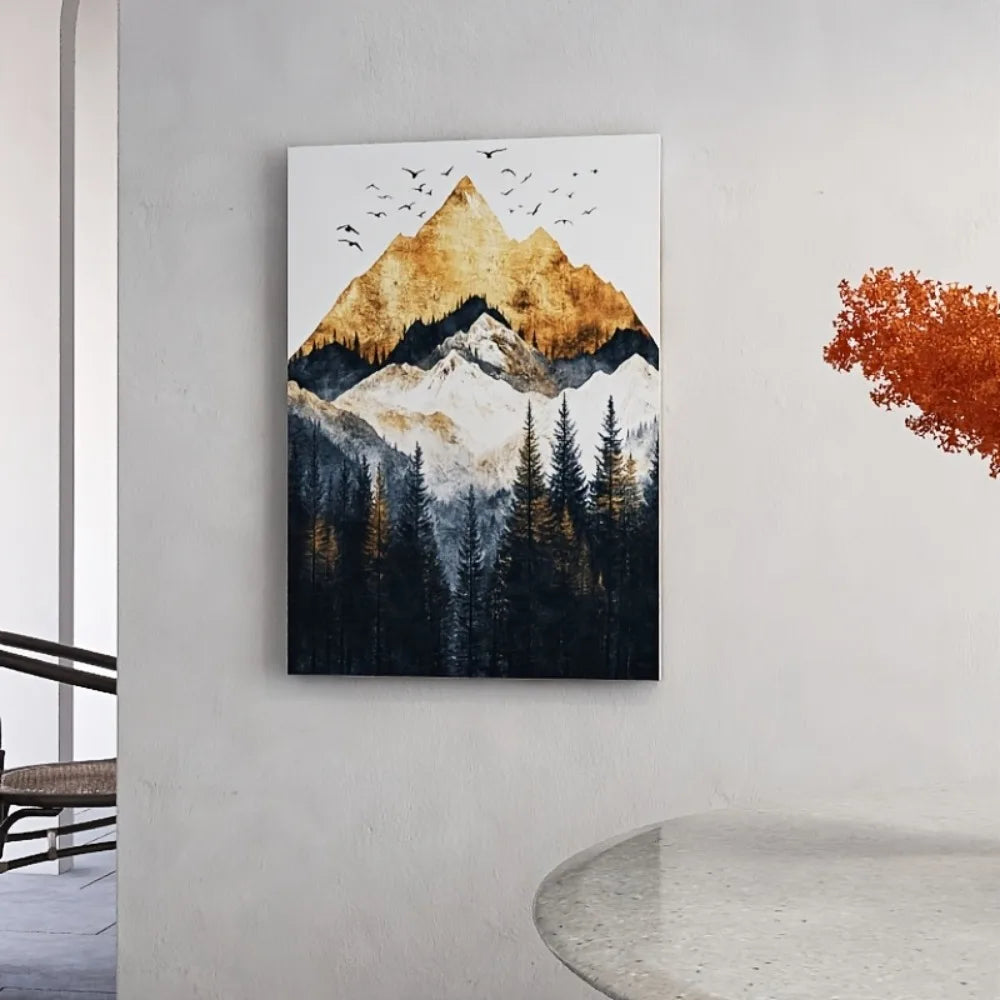 Golden mountains, snow-capped peaks, with black and grey forest trees, suitable for interior decoration