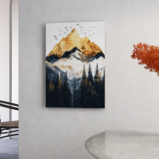Golden mountains, snow-capped peaks, with black and grey forest trees, suitable for interior decoration