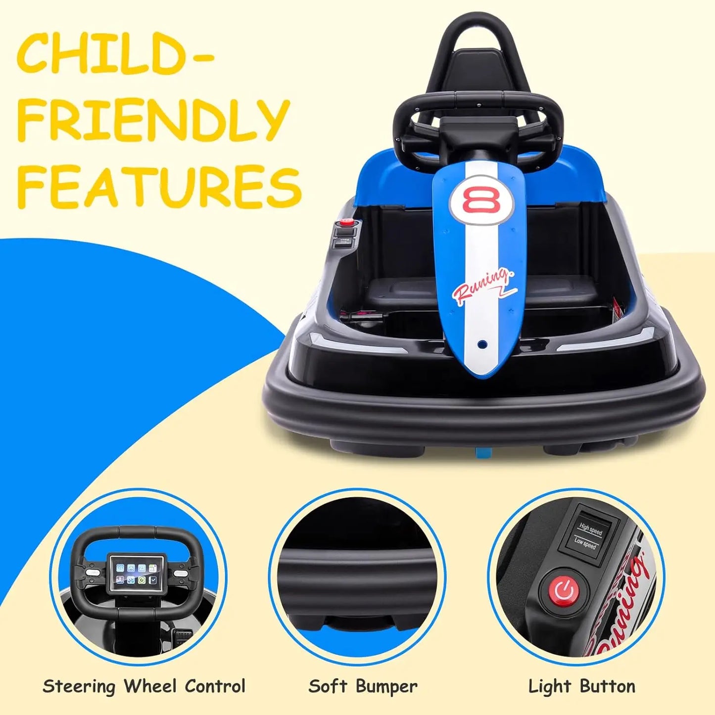Bumper Car for Toddlers 6V Electric Ride On Toys for Kids 1.9 MPH Max Speed Steering Wheel 360 Degree Spin Lights Music & Horn