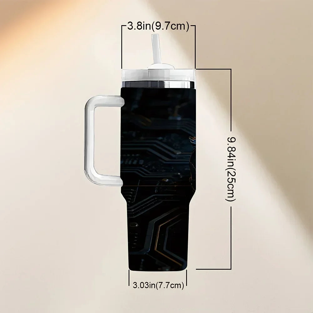 40Oz Insulated Tumbler with Handle, Cool Horned Skull with Blue Lightning Circuit Print, Perfect Holiday Birthday Gift, Suitable for Daily And Outdoor Use
