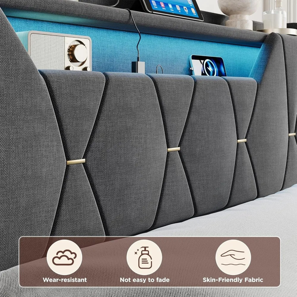 Queen Size Lift Up Storage Bed Frame, Storage Headboard, Charging Station, LED Lights Upholstered Platform Bed, No Box Spring