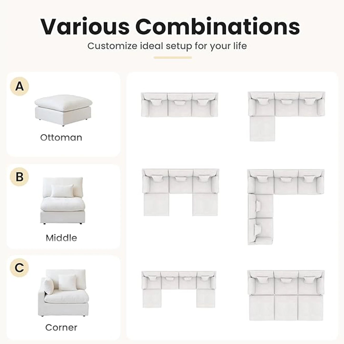 Comfy Cloud Couch 120''  Modern Sectional Sofa for Living Room Down Filled Couch with Ottoman U Shaped 5 Seater Convertible Sofa