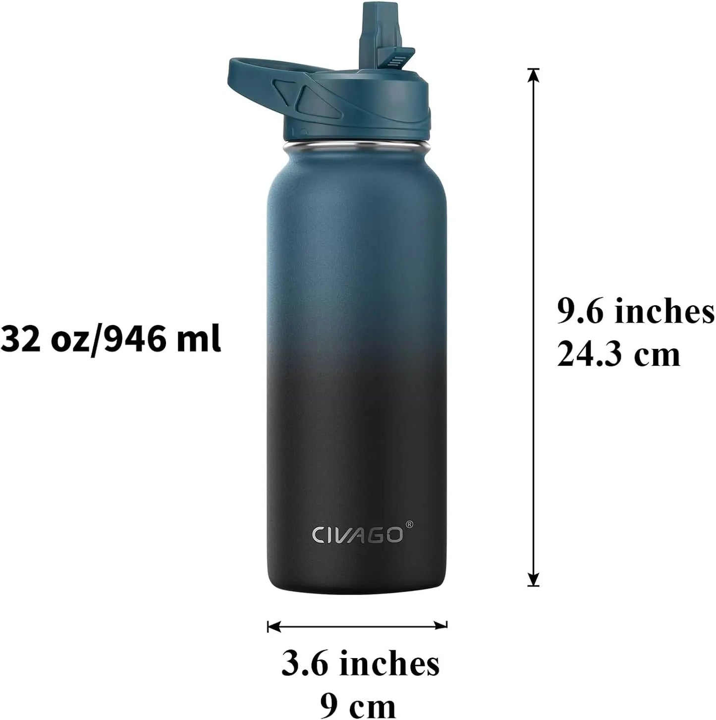 32 oz Insulated Water Bottle with Straw, Stainless Steel Sports Cup with 3 Lids, Wide Mouth Thermal Mug, Black