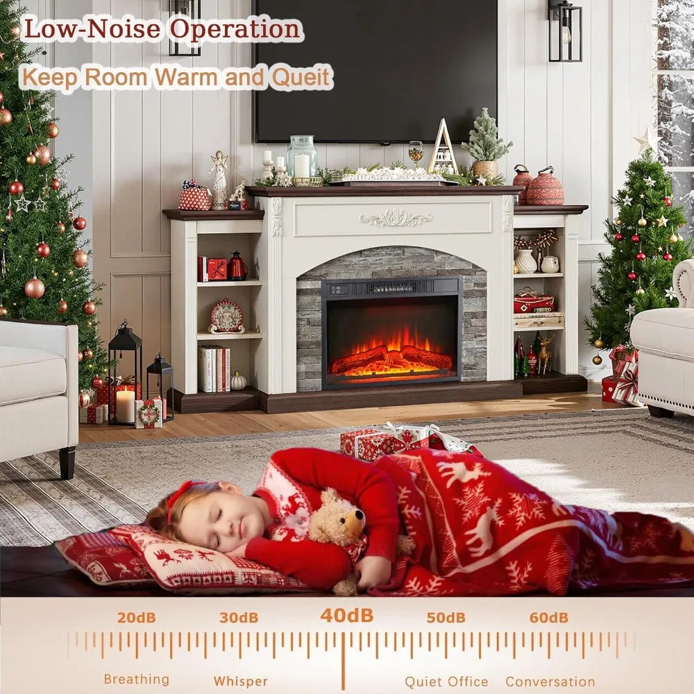 Electric Fireplace with Mantel, White TV Stand for TVs Up to 80 Inch, Farmhouse Entertainment Center with Storage for Bedroom
