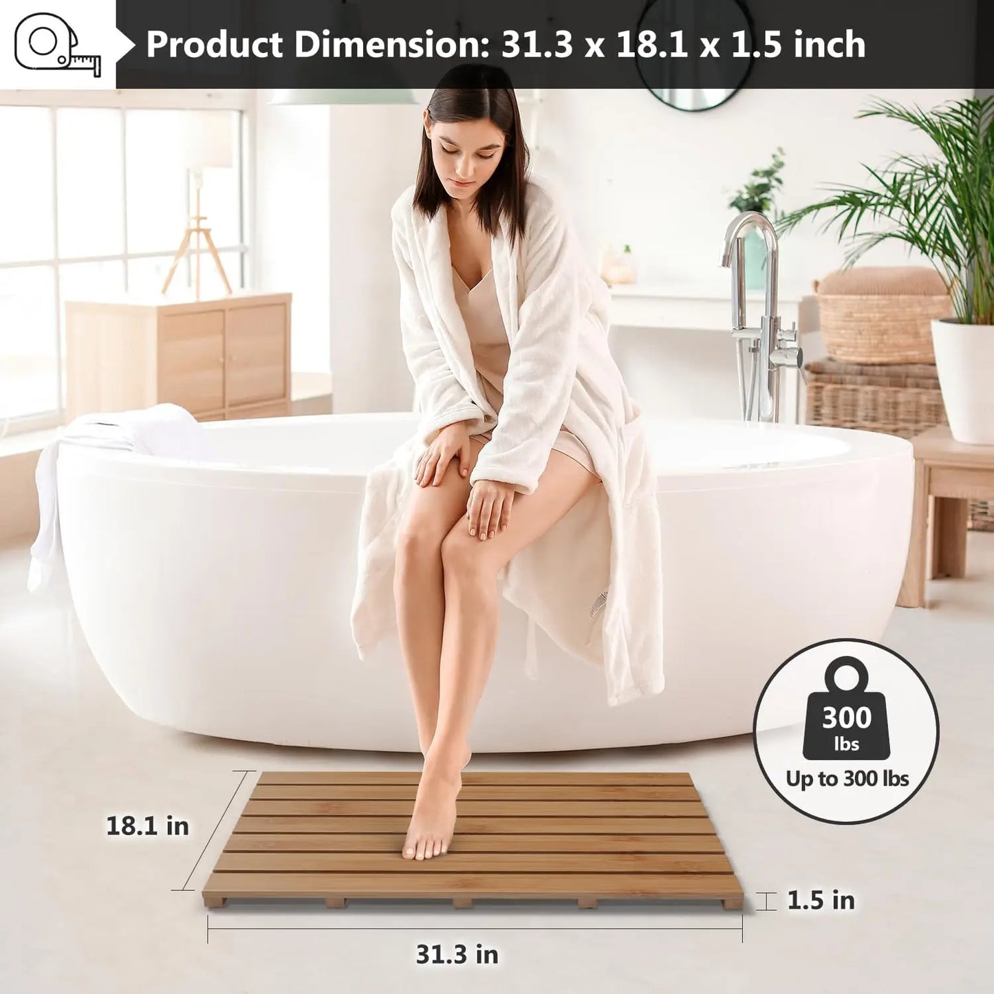 Non-Slip Waterproof Wooden Bamboo Bath Shower Mat for Indoor Outdoor Use, Walnut Color, 31.3x18.1x1.5 Inches