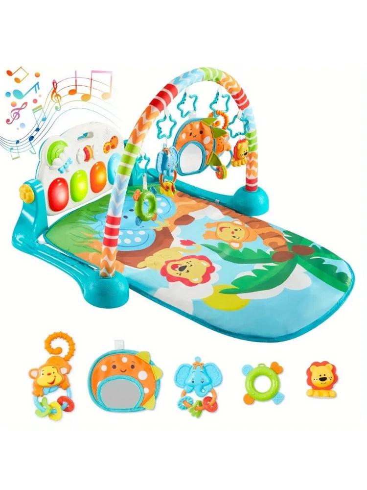 JOYFY Baby Play Mat Tummy Time Mat Toy for 0-6 Months Baby Musical Learning Toy Adorable Animal-Themed Play Gym with Piano Panel