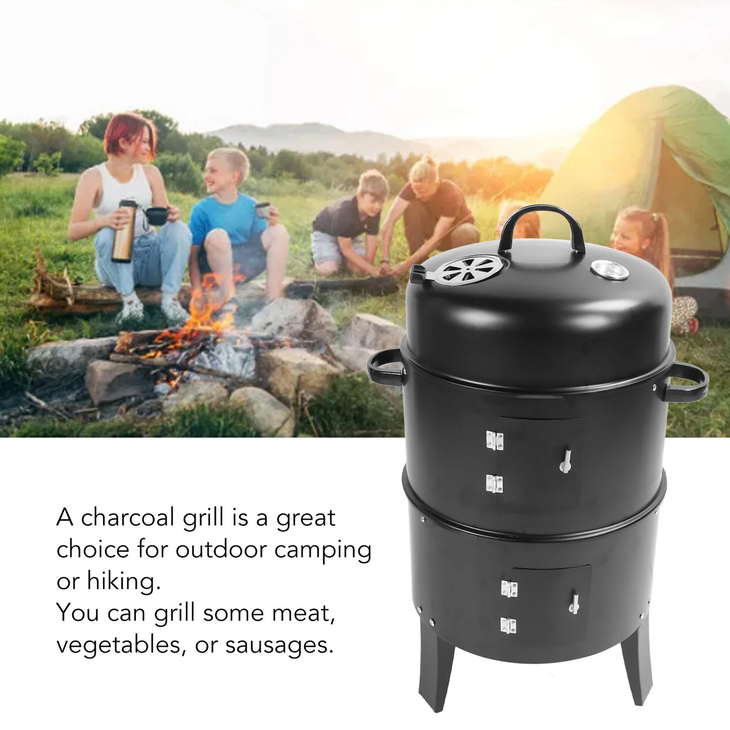 Grill Smoker Smoking Grill Vertical Charcoal Smoker 3 in 1 3 Layer Grill Barbecue Smoker BBQ Grill with Thermometer for Cooking