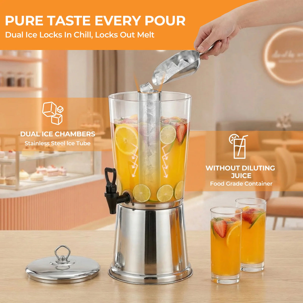 Beverage Dispenser With Stand, Drink Dispenser for Party, Stainless Steel Water Dispenser with Ice Core, Spigot, Drink Jar Jug For Home Parties Lemonade, Clear Acrylic, 2-GALLONS 8 Liters