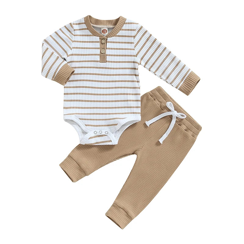 2023-06-29 Lioraitiin 0-24M Infant Baby Boy 2Pcs Fall Outfits Long Sleeve Striped Print Romper Pants Set Infant Warm Clothes