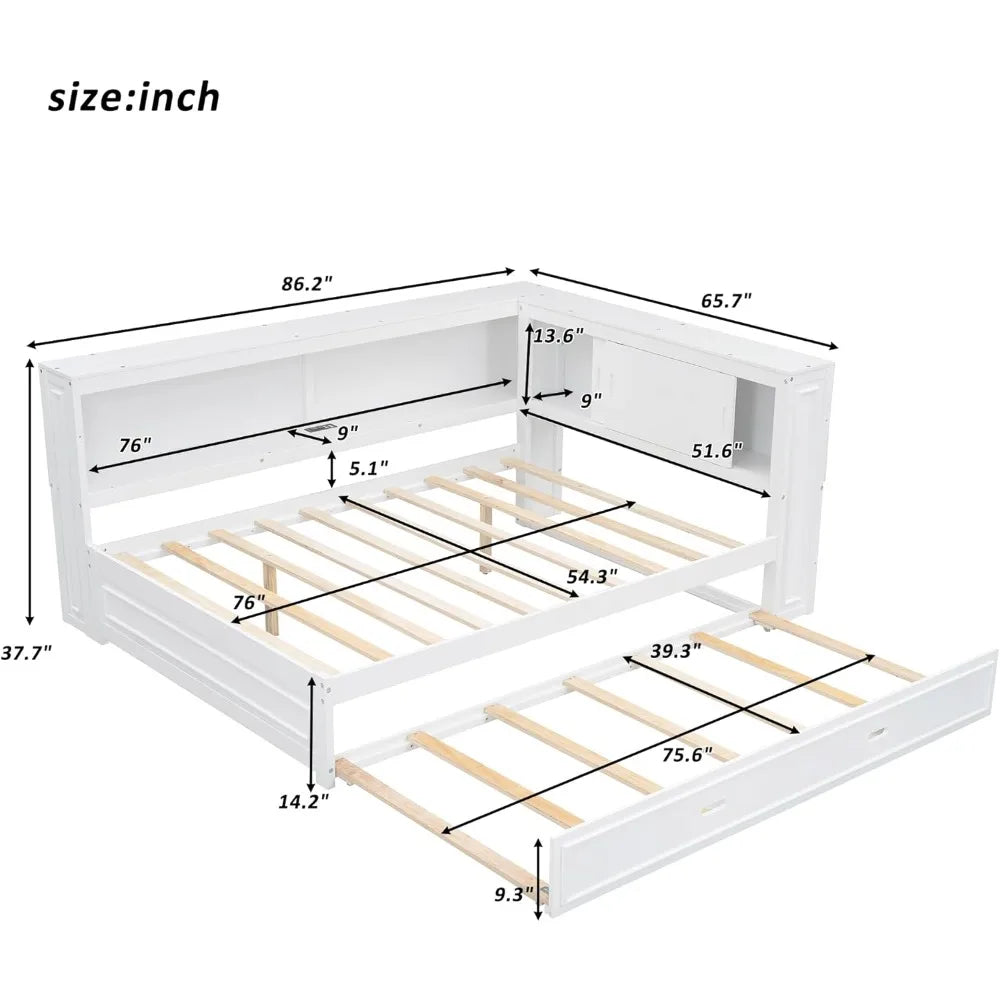 Full Size Daybed with Trundle and Storage Bookcase, L Shaped Daybed with LED Lights & USB Ports, Full Corner Bed Frame with Con
