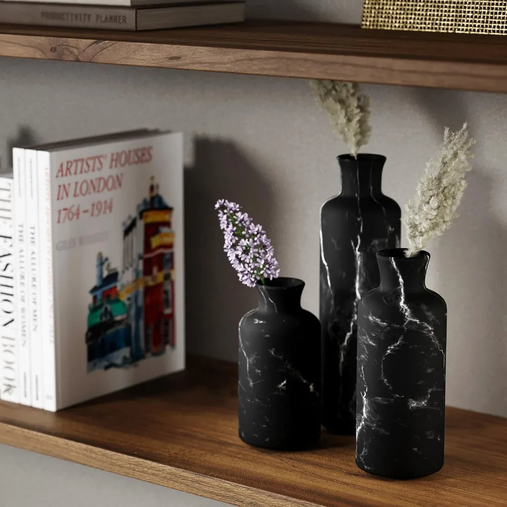 Black Marble Look Vase Set - Vases Home Decor, Premium Quality for Holding Pampas Grass, Dried/Fresh Flowers, Vases for Decor -