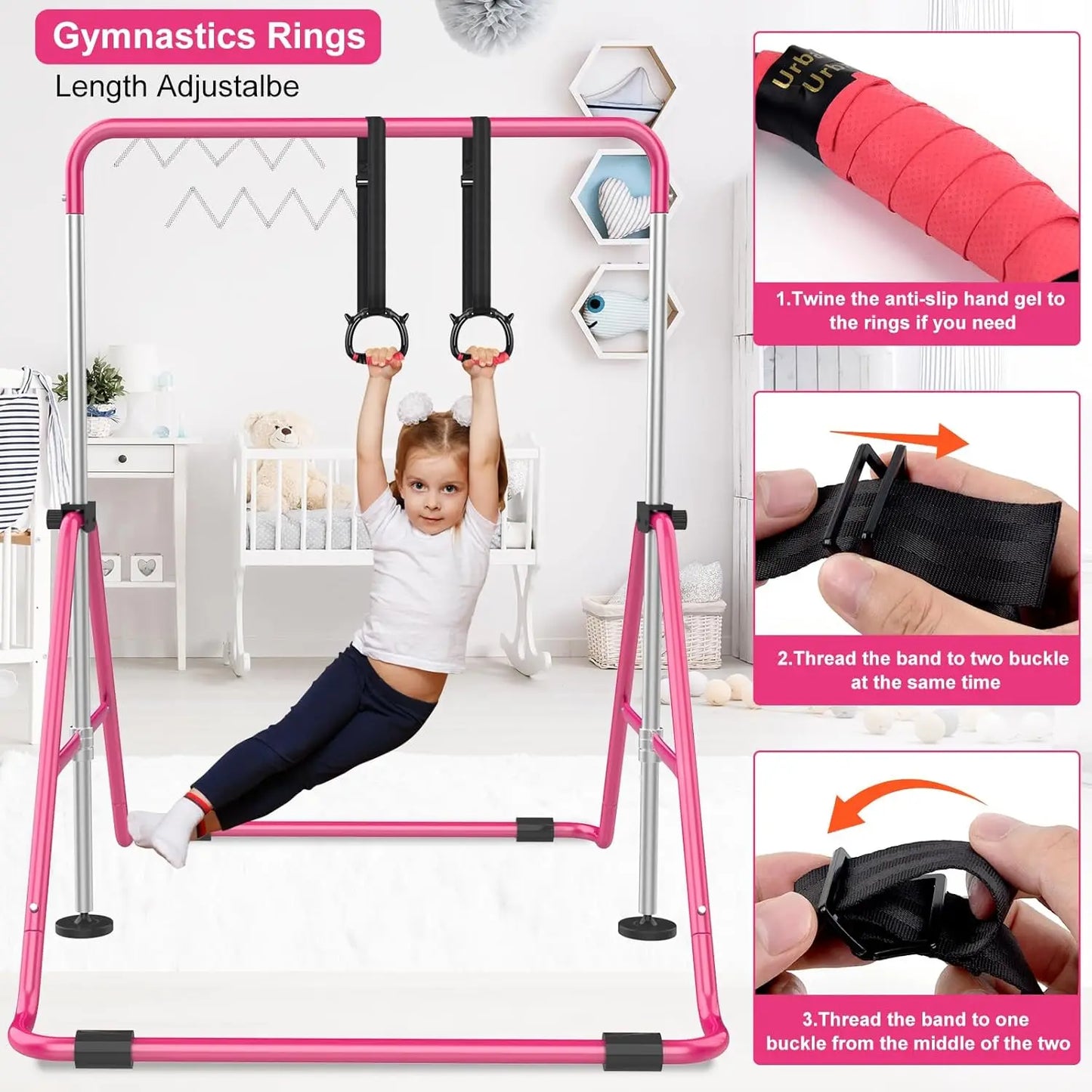 Adjustable Height Folding Gymnastic Bar for Kids, Expandable Horizontal Training Kip Bar for Home Use