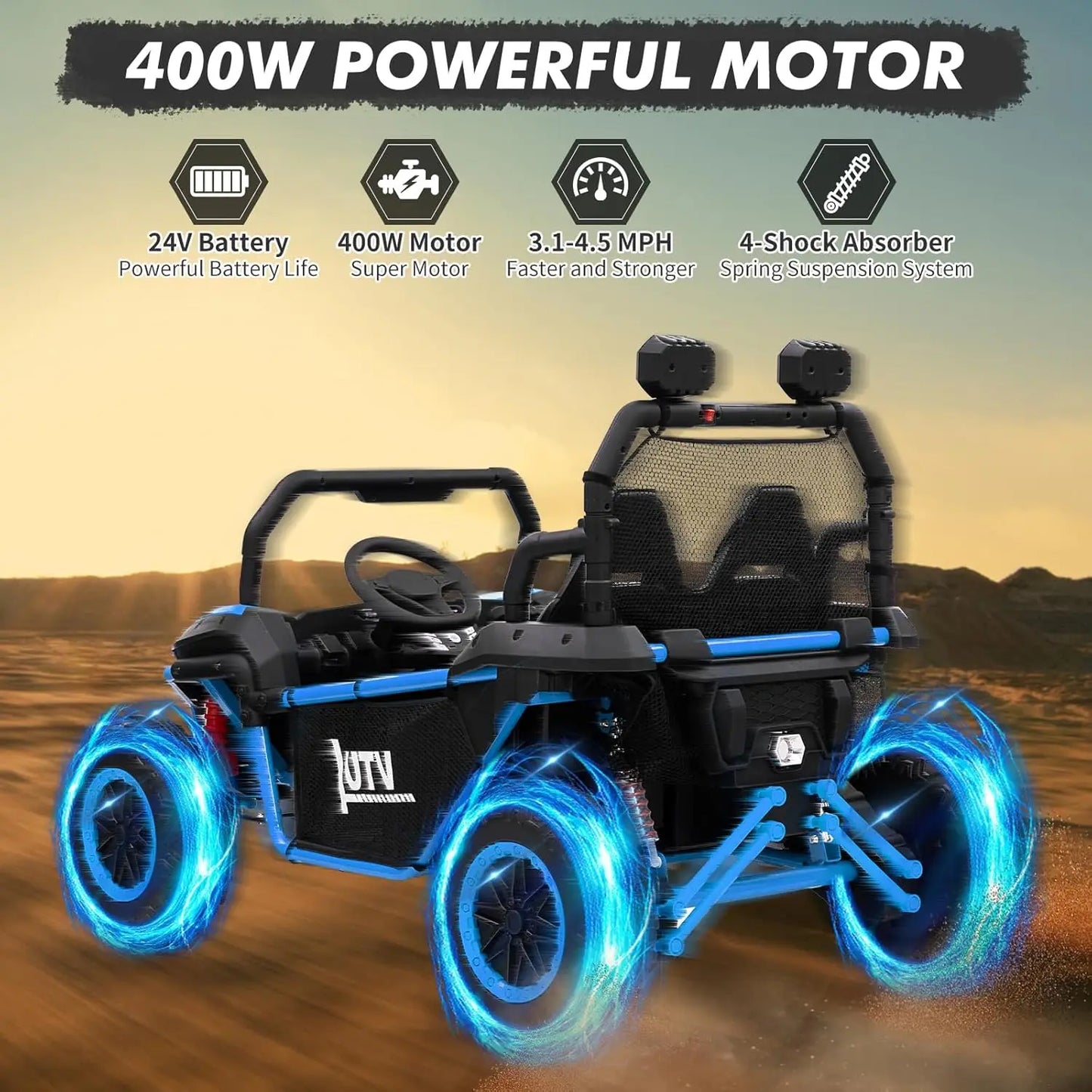 2-Seater Kids Electric Vehicle for Ages 3+,Ride on Car UTV,with Parent Remote Control,400w Motors,4.5MPH, Four-Wheel Suspension