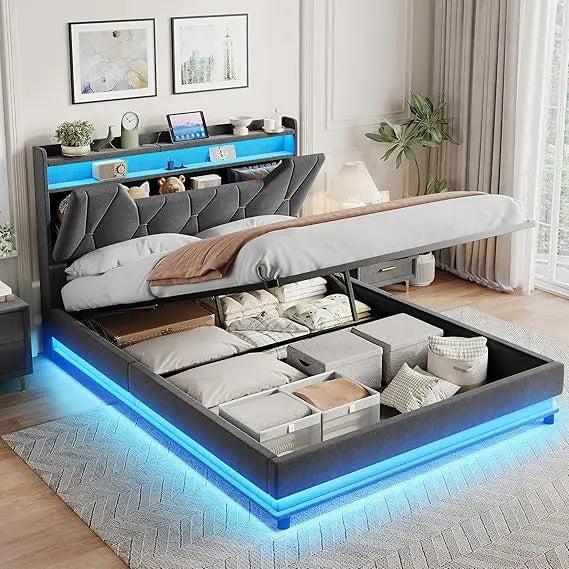 Queen Size Lift Up Storage Bed Frame, Storage Headboard, Charging Station, LED Lights Upholstered Platform Bed, No Box Spring